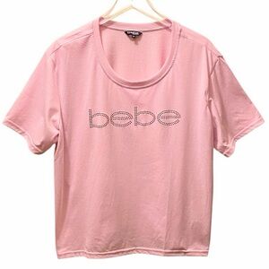 Bebe Sport 2X Pink Rhinestone Studded Logo Scoop Neck Boxy Tee Athleisure NWT